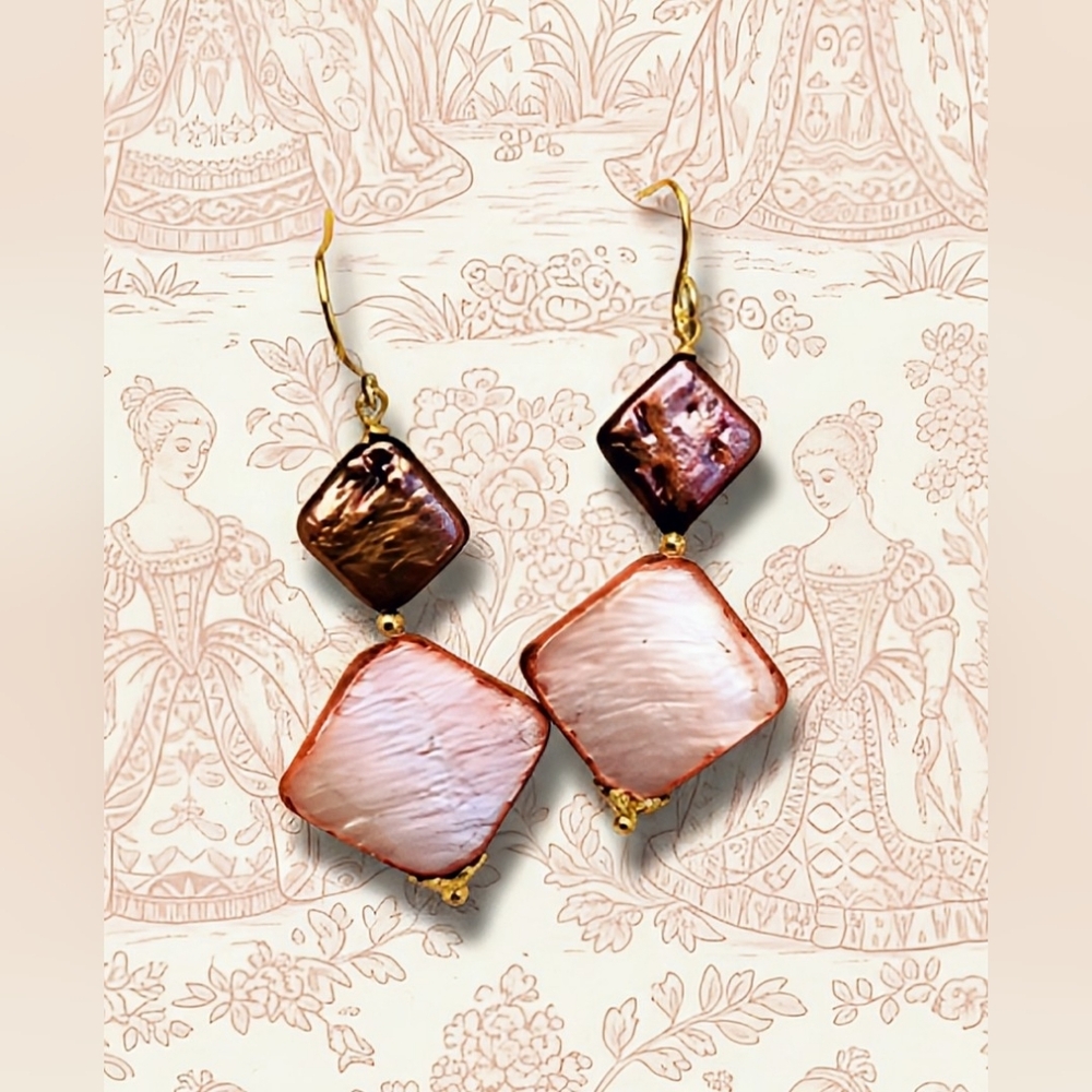 Pink Coral  Mother Of Pearl & Red Pearl In Gold Plated Earrings